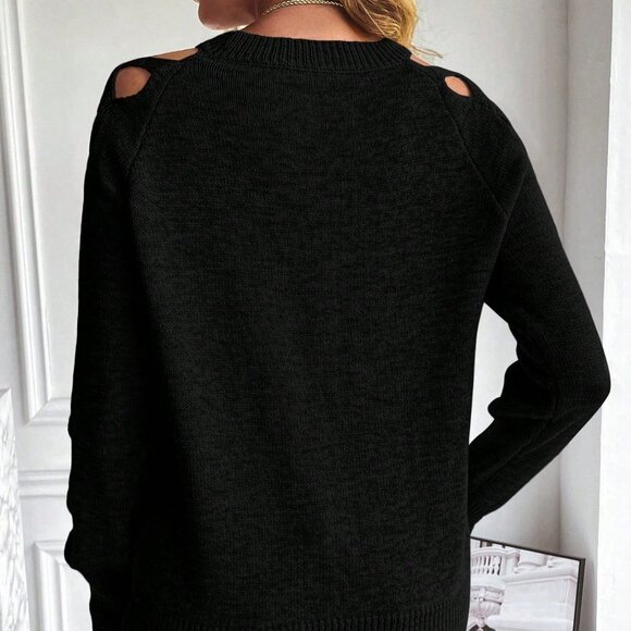 Black Casual Womens Cut Out Raglan Sleeve Crisscross Sweater - Picture 3 of 5